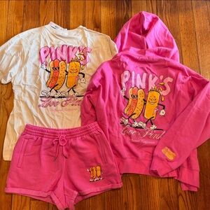 PINK x Pink’s Hot Dogs 3PC Set NWT Bling Hoodie Tee Shorts Rare Sold Out